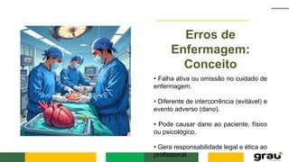 Erros de
Enfermagem:
Conceito
• Falha ativa ou omissão no cuidado de
enfermagem.
• Diferente de intercorrência (evitável) e
evento adverso (dano).
• Pode causar dano ao paciente, físico
ou psicológico.
• Gera responsabilidade legal e ética ao
profissional.
 