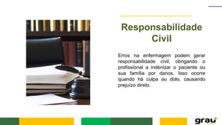 Responsabilidade
Civil
Erros na enfermagem podem gerar
responsabilidade civil, obrigando o
profissional a indenizar o paciente ou
sua família por danos. Isso ocorre
quando há culpa ou dolo, causando
prejuízo direto.
 
