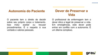 Autonomia do Paciente Dever de Preservar a
Vida
O paciente tem o direito de decidir
sobre seu próprio corpo e tratamento.
Isso inclui aceitar ou recusar
procedimentos. É o respeito à sua
vontade e valores pessoais.
O profissional de enfermagem tem o
dever ético e legal de preservar a vida.
Em emergências, este dever pode
entrar em conflito com a autonomia. É
um dilema complexo.
 