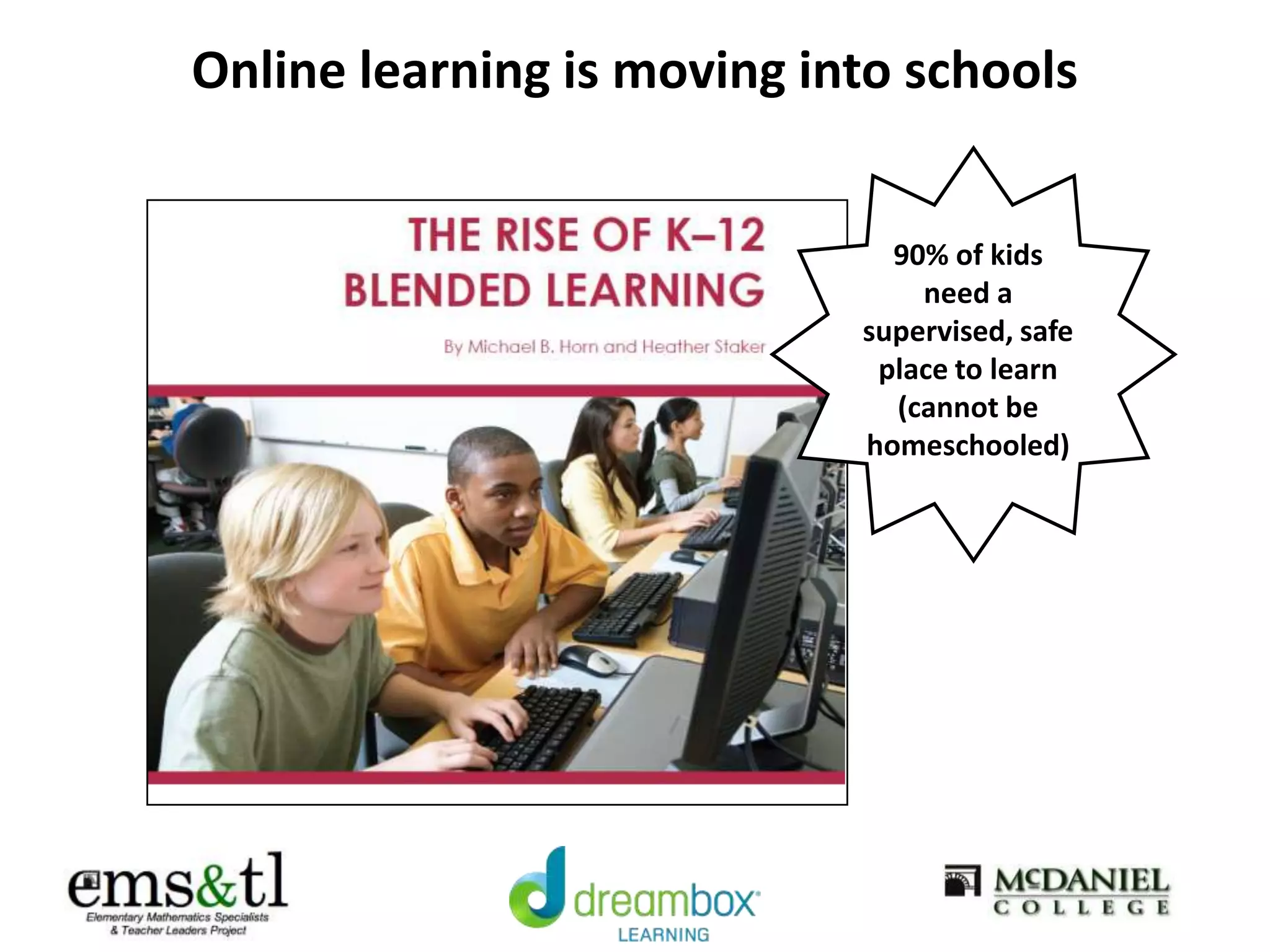 Online learning is moving into schools
90% of kids
need a
supervised, safe
place to learn
(cannot be
homeschooled)
 