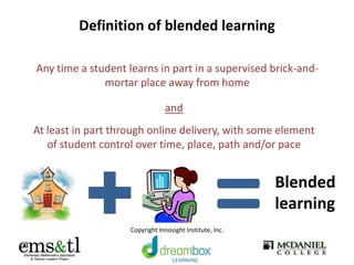 Definition of blended learning
Any time a student learns in part in a supervised brick-and-
mortar place away from home
At least in part through online delivery, with some element
of student control over time, place, path and/or pace
and
=Blended
learning
Copyright Innosight Institute, Inc.
 
