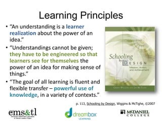 Learning Principles
• “An understanding is a learner
realization about the power of an
idea.”
• “Understandings cannot be given;
they have to be engineered so that
learners see for themselves the
power of an idea for making sense of
things.”
• “The goal of all learning is fluent and
flexible transfer – powerful use of
knowledge, in a variety of contexts.”
p. 113, Schooling by Design, Wiggins & McTighe, ©2007
 