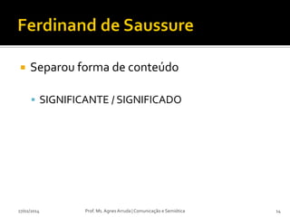 

Separou forma de conteúdo
 SIGNIFICANTE / SIGNIFICADO

27/02/2014

Prof. Ms. Agnes Arruda | Comunicação e Semiótica

14

 