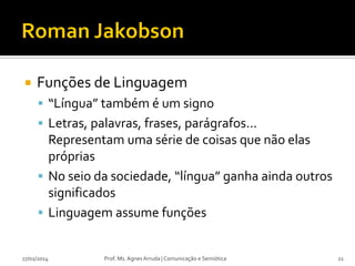 

Funções de Linguagem
 “Língua” também é um signo
 Letras, palavras, frases, parágrafos...

Representam uma série de coisas que não elas
próprias
 No seio da sociedade, “língua” ganha ainda outros
significados
 Linguagem assume funções

27/02/2014

Prof. Ms. Agnes Arruda | Comunicação e Semiótica

21

 