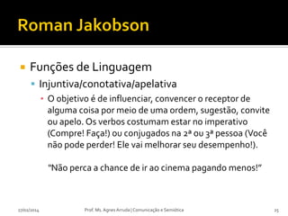

Funções de Linguagem
 Injuntiva/conotativa/apelativa
▪ O objetivo é de influenciar, convencer o receptor de
alguma coisa por meio de uma ordem, sugestão, convite
ou apelo. Os verbos costumam estar no imperativo
(Compre! Faça!) ou conjugados na 2ª ou 3ª pessoa (Você
não pode perder! Ele vai melhorar seu desempenho!).
“Não perca a chance de ir ao cinema pagando menos!”

27/02/2014

Prof. Ms. Agnes Arruda | Comunicação e Semiótica

25

 