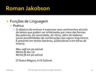 

Funções de Linguagem
 Poética
▪ O objetivo do emissor é expressar seus sentimentos através
de textos que podem ser enfatizados por meio das formas
das palavras, da sonoridade, do ritmo, além de elaborar
novas possibilidades de combinações dos signos linguísticos.
É presente em textos literários, publicitários e em letras de
música.
Meu café em pó solúvel
Minha fé deu nó
Minha fé em pó solúvel

O Teatro Mágico, A Fé Solúvel
27/02/2014

Prof. Ms. Agnes Arruda | Comunicação e Semiótica

30

 