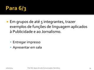 

Em grupos de até 5 integrantes, trazer
exemplos de funções de linguagem aplicados
à Publicidade e ao Jornalismo.
 Entregar impresso

 Apresentar em sala

27/02/2014

Prof. Ms. Agnes Arruda | Comunicação e Semiótica

34

 