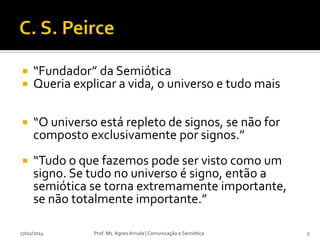 


“Fundador” da Semiótica
Queria explicar a vida, o universo e tudo mais



“O universo está repleto de signos, se não for
composto exclusivamente por signos.”



“Tudo o que fazemos pode ser visto como um
signo. Se tudo no universo é signo, então a
semiótica se torna extremamente importante,
se não totalmente importante.”

27/02/2014

Prof. Ms. Agnes Arruda | Comunicação e Semiótica

5

 