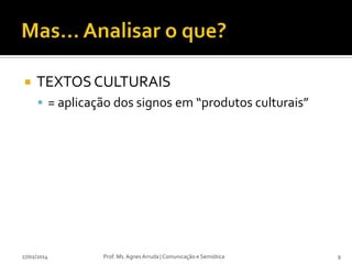 

TEXTOS CULTURAIS
 = aplicação dos signos em “produtos culturais”

27/02/2014

Prof. Ms. Agnes Arruda | Comunicação e Semiótica

9

 
