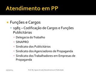 

Funções e Cargos
 1985 – Codificação de Cargos e Funções

Publicitárias
▪
▪
▪
▪
▪

05/03/2014

Delegacia do Trabalho
SINAPRO
Sindicato dos Publicitários
Sindicato dos Agenciadores de Propaganda
Sindicato dos Trabalhadores em Empresas de
Propaganda
Prof. Ms. Agnes Arruda | Atendimento em Publicidade

 