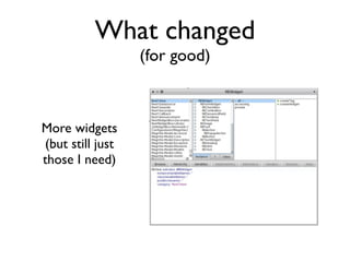 What changed
                  (for good)



More widgets
(but still just
those I need)
 