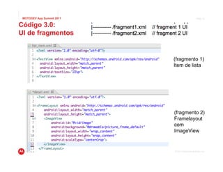 MOTODEV App Summit 2011                        Page 15


Código 3.0:
UI de fragmentos


                           (fragmento 1)
                           Item de lista




                           (fragmento 2)
                           Framelayout
                           com
                           ImageView


                           © 2011 Motorola Mobility, Inc.
 