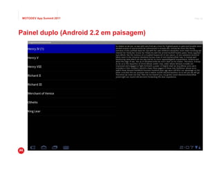 MOTODEV App Summit 2011                                      Page 20




Painel duplo (Android 2.2 em paisagem)




                                         © 2011 Motorola Mobility, Inc.
 