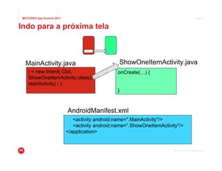 MOTODEV App Summit 2011                                                                      Page 31



Indo para a próxima tela

                                   PRESSIONE




  MainActivity.java                              ShowOneItemActivity.java
    i = new Intent( Ctxt,                        onCreate(…) {
    ShowOneItemActivity.class);
    startActivity( i );
                                                 }



                           AndroidManifest.xml
                              <activity android:name=".MainActivity"/>
                              <activity android:name=”.ShowOneItemActivity"/>
                           </application>


                                                                         © 2011 Motorola Mobility, Inc.
 