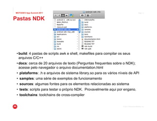 MOTODEV App Summit 2011                                                                   Page 11



Pastas NDK




 • build: 4 pastas de scripts awk e shell, makefiles para compilar os seus
   arquivos C/C++
 • docs: cerca de 20 arquivos de texto (Perguntas frequentes sobre o NDK);
   acesse pelo navegador o arquivo documentation.html
 • plataforms: .h e arquivos de sistema library.so para os vários níveis de API
 • samples: uma série de exemplos de funcionamento
 • sources: algumas fontes para os elementos relacionadas ao sistema
 • tests: scripts para testar o próprio NDK. Provavelmente aqui por engano.
 • toolchains: toolchains de cross-compiler


                                                                     © 2011 Motorola Mobility, Inc.
 