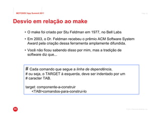 MOTODEV App Summit 2011                                                                 Page 22




Desvio em relação ao make
       • O make foi criado por Stu Feldman em 1977, no Bell Labs
       • Em 2003, o Dr. Feldman recebeu o prêmio ACM Software System
         Award pela criação dessa ferramenta amplamente difundida.
       • Você não ficou sabendo disso por mim, mas a tradição de
         software diz que...



        # Cada comando que segue a linha de dependência,
        # ou seja, o TARGET à esquerda, deve ser indentado por um
        # caracter TAB.

        target: componente-a-construir
            <TAB>comandos-para-construi-lo



                                                                    © 2011 Motorola Mobility, Inc.
 