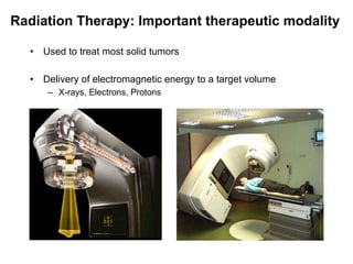 Radiation Therapy: Important therapeutic modality Used to treat most solid tumors Delivery of electromagnetic energy to a target volume X-rays, Electrons, Protons 