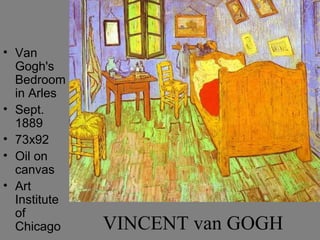 • Van
  Gogh's
  Bedroom
  in Arles
• Sept.
  1889
• 73x92
• Oil on
  canvas
• Art
  Institute
  of
  Chicago     VINCENT van GOGH
 