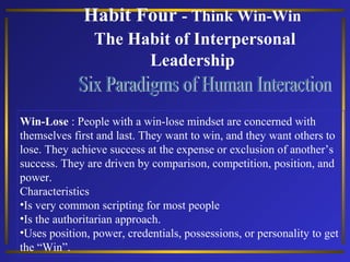 Habit Four - Think Win-Win
The Habit of Interpersonal
Leadership
Win : People who hold a win paradigm think only of gettin...