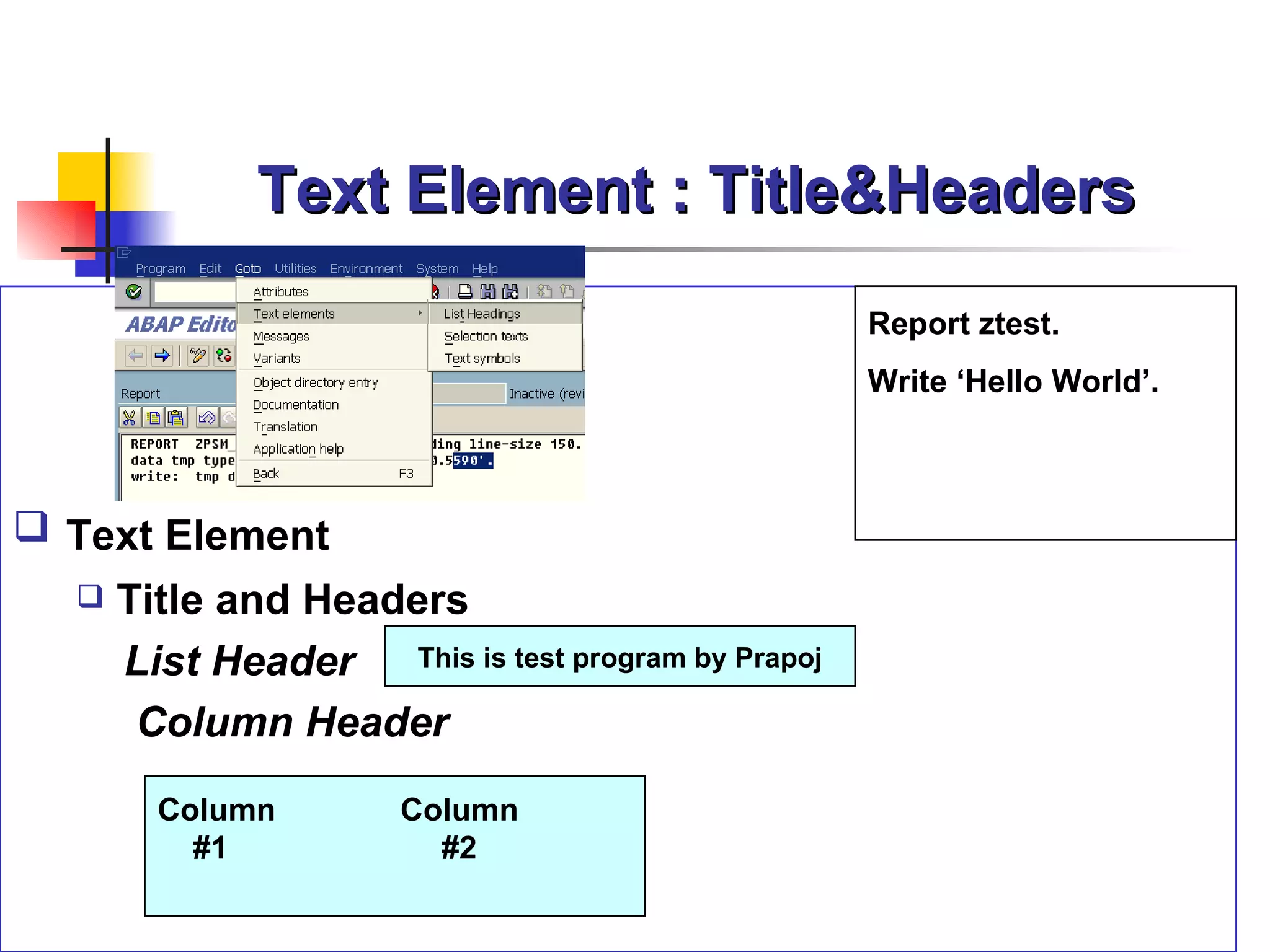 Text Element : Title&Headers
                                                   Report ztest.
                                                   Write ‘Hello World’.



 Text Element
     Title and Headers
      List Header This is test program by Prapoj
       Column Header
        Column        Column
          #1            #2
 