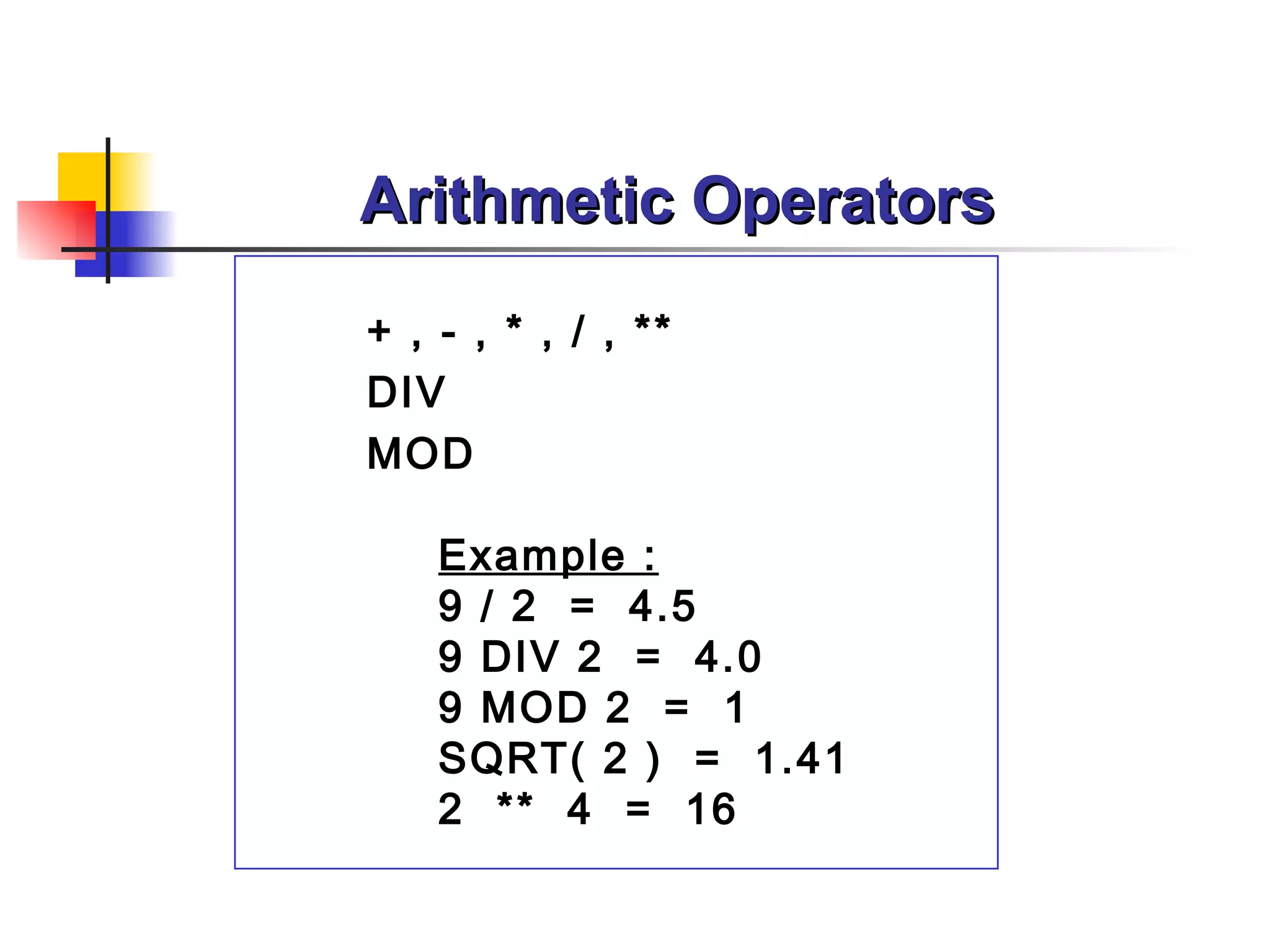 Arithmetic Operators
+ , - , * , / , **
DIV
MOD

    Example :
    9 / 2 = 4.5
    9 DIV 2 = 4.0
    9 MOD 2 = 1
    SQRT( 2 ) = 1.41
    2 ** 4 = 16
 