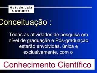 Conceituação : Metodologia Científica Todas as atividades de pesquisa em nível de graduação e Pós-graduação estarão envolvidas, única e exclusivamente, com o   Conhecimento Científico 