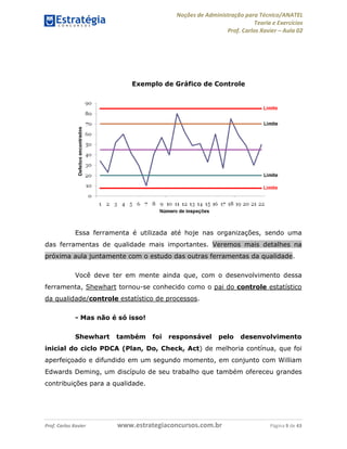 Noções de Administração para Técnico/ANATEL 
Teoria e Exercícios 
Prof. Carlos Xavier – Aula 02 
Exemplo de Gráfico de Controle 
Essa ferramenta é utilizada até hoje nas organizações, sendo uma 
das ferramentas de qualidade mais importantes. Veremos mais detalhes na 
próxima aula juntamente com o estudo das outras ferramentas da qualidade. 
Você deve ter em mente ainda que, com o desenvolvimento dessa 
ferramenta, Shewhart tornou-se conhecido como o pai do controle estatístico 
da qualidade/controle estatístico de processos. 
- Mas não é só isso! 
Shewhart também foi responsável pelo desenvolvimento 
inicial do ciclo PDCA (Plan, Do, Check, Act) de melhoria contínua, que foi 
aperfeiçoado e difundido em um segundo momento, em conjunto com William 
Edwards Deming, um discípulo de seu trabalho que também ofereceu grandes 
contribuições para a qualidade. 
Prof. Carlos Xavier www.estrategiaconcursos.com.br Página 9 de 43 
 