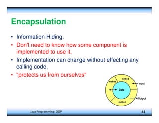 Java Programming: OOP 41
Encapsulation
• Information Hiding.
• Don't need to know how some component is
implemented to use it.
• Implementation can change without effecting any
calling code.
• "protects us from ourselves"
 