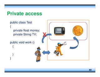 Private access
44
public class Test
{
private float money;
private String TV;
public void work ()
{
}
}
 