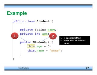 Example
27
1. Is a public method
2. Name must be the class
name
1 2
Constructors
 