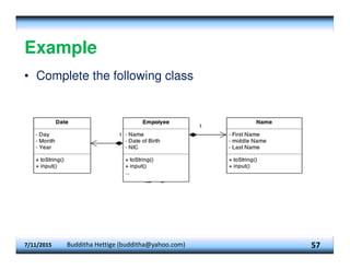 Example
7/11/2015 Budditha Hettige (budditha@yahoo.com) 57
• Complete the following class
 