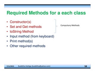 Required Methods for a each class
• Constructor(s)
• Set and Get methods
• toString Method
• Input method (from keyboard)
• Print method(s)
• Other required methods
7/11/2015 Budditha Hettige (budditha@yahoo.com) 58
Compulsory Methods
 