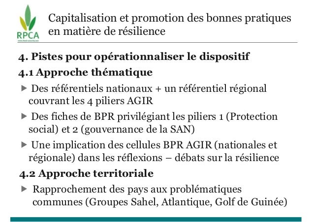 Capitalisation et promotion des bonnes pratiques
en matière de résilience
4. Pistes pour opérationnaliser le dispositif
4....