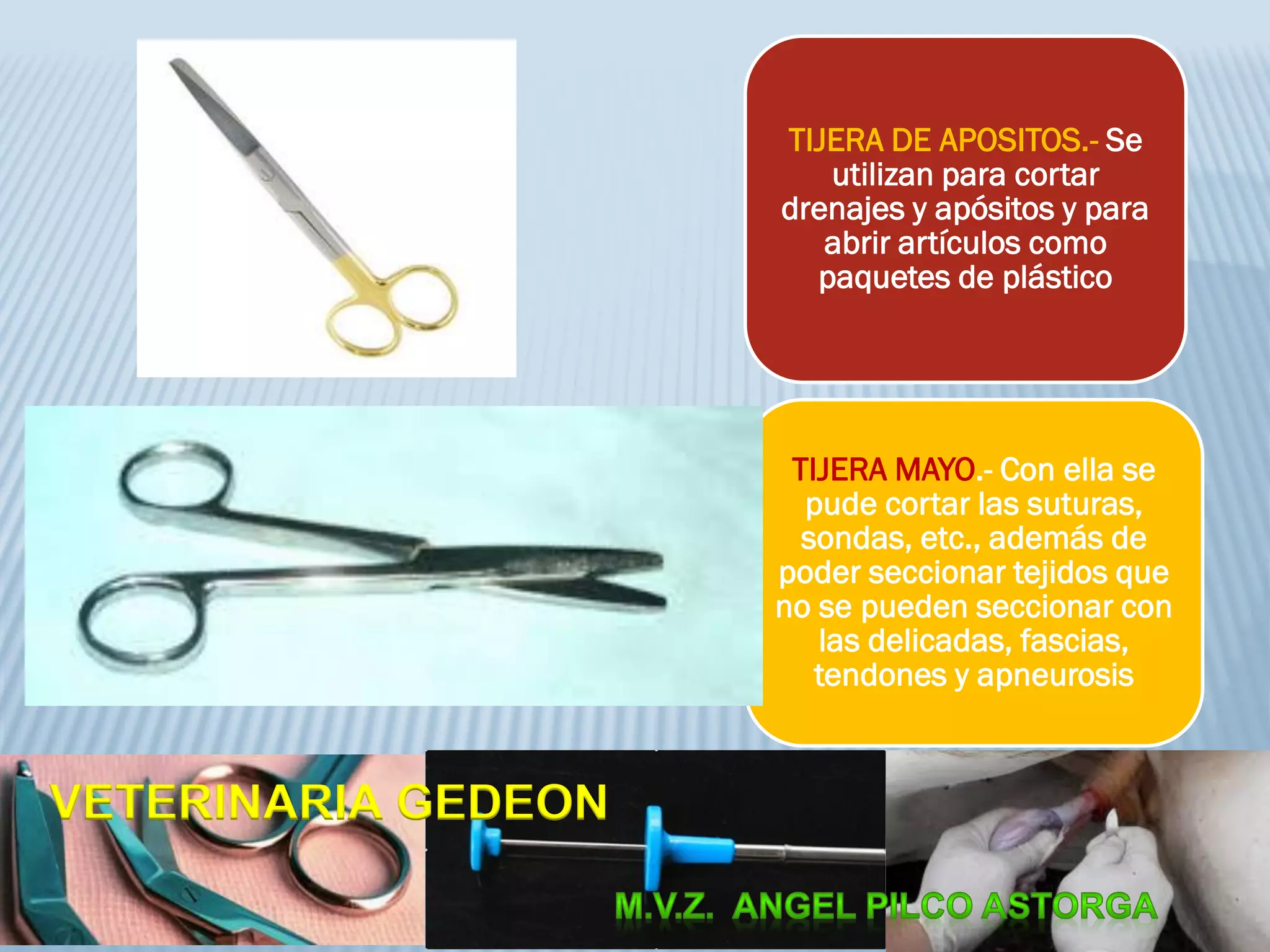 TIJERA DE APOSITOS.- Se
utilizan para cortar
drenajes y apósitos y para
abrir artículos como
paquetes de plástico
TIJERA MAYO.- Con ella se
pude cortar las suturas,
sondas, etc., además de
poder seccionar tejidos que
no se pueden seccionar con
las delicadas, fascias,
tendones y apneurosis
VETERINARIA GEDEON
 