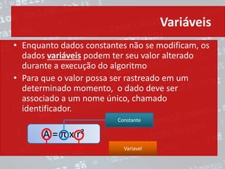 Variáveis
• Enquanto dados constantes não se modificam, os
dados variáveis podem ter seu valor alterado
durante a execução do algoritmo
• Para que o valor possa ser rastreado em um
determinado momento, o dado deve ser
associado a um nome único, chamado
identificador.
A = π x r²
Constante
Varíavel
 