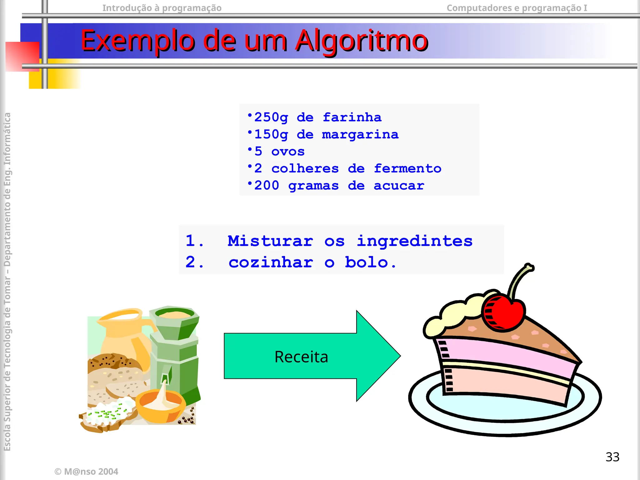 Introdução à programação Computadores e programação I
© M@nso 2004
Escola
Superior
de
Tecnologia
de
Tomar
–
Departamento
de
Eng.
Informática
33
Exemplo de um Algoritmo
Exemplo de um Algoritmo
•250g de farinha
•150g de margarina
•5 ovos
•2 colheres de fermento
•200 gramas de acucar
1. Misturar os ingredintes
2. cozinhar o bolo.
Receita
 