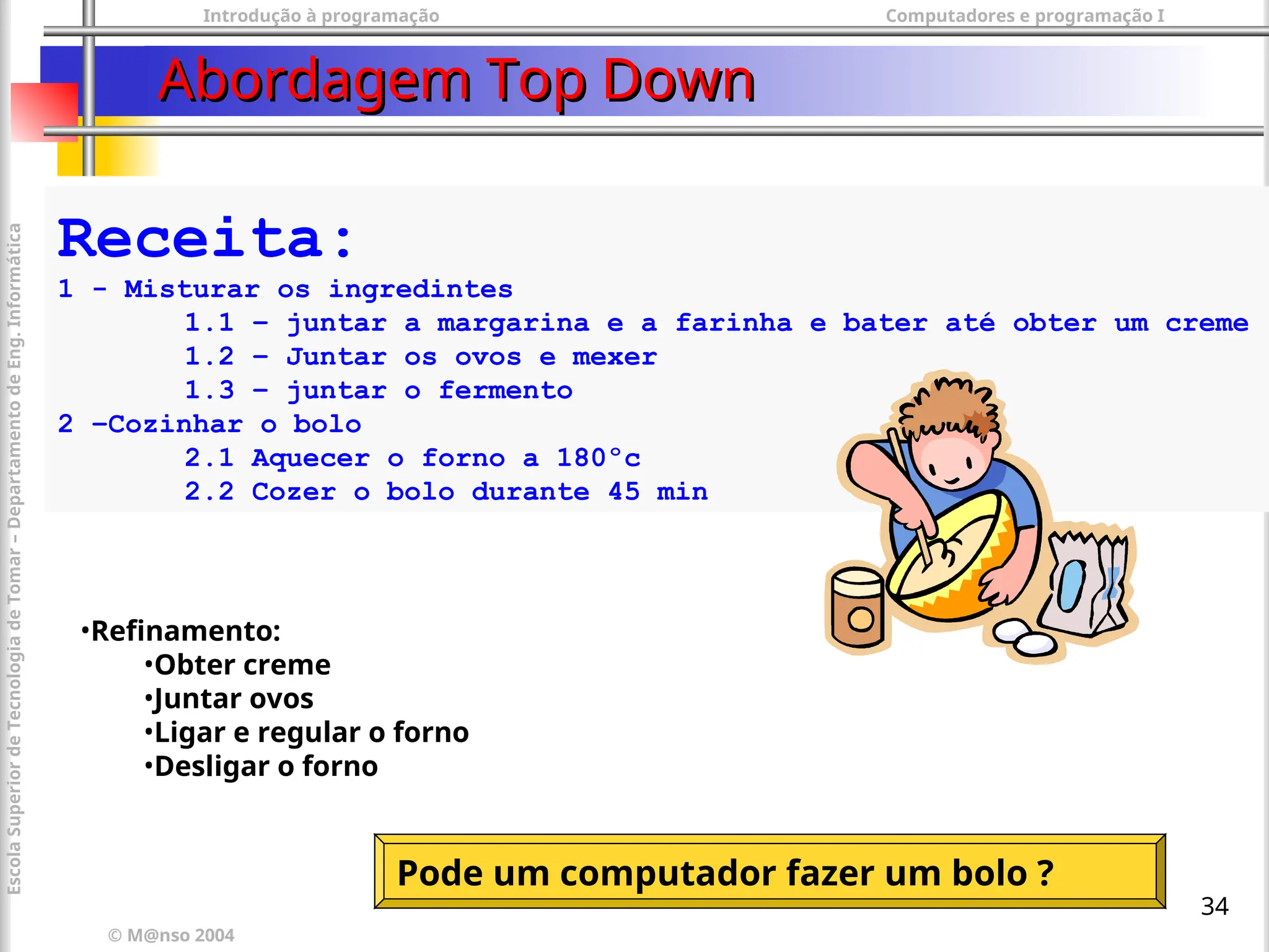 Introdução à programação Computadores e programação I
© M@nso 2004
Escola
Superior
de
Tecnologia
de
Tomar
–
Departamento
de
Eng.
Informática
34
Abordagem Top Down
Abordagem Top Down
Receita:
1 - Misturar os ingredintes
1.1 – juntar a margarina e a farinha e bater até obter um creme
1.2 – Juntar os ovos e mexer
1.3 – juntar o fermento
2 –Cozinhar o bolo
2.1 Aquecer o forno a 180ºc
2.2 Cozer o bolo durante 45 min
•Refinamento:
•Obter creme
•Juntar ovos
•Ligar e regular o forno
•Desligar o forno
Pode um computador fazer um bolo ?
 