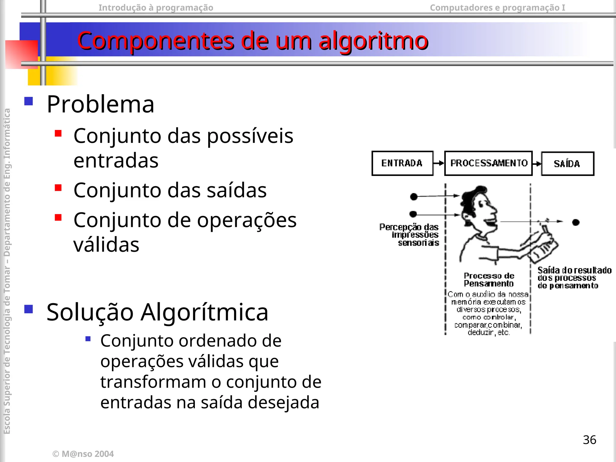Introdução à programação Computadores e programação I
© M@nso 2004
Escola
Superior
de
Tecnologia
de
Tomar
–
Departamento
de
Eng.
Informática
36
Componentes de um algoritmo
Componentes de um algoritmo
 Problema
 Conjunto das possíveis
entradas
 Conjunto das saídas
 Conjunto de operações
válidas
 Solução Algorítmica

Conjunto ordenado de
operações válidas que
transformam o conjunto de
entradas na saída desejada
 