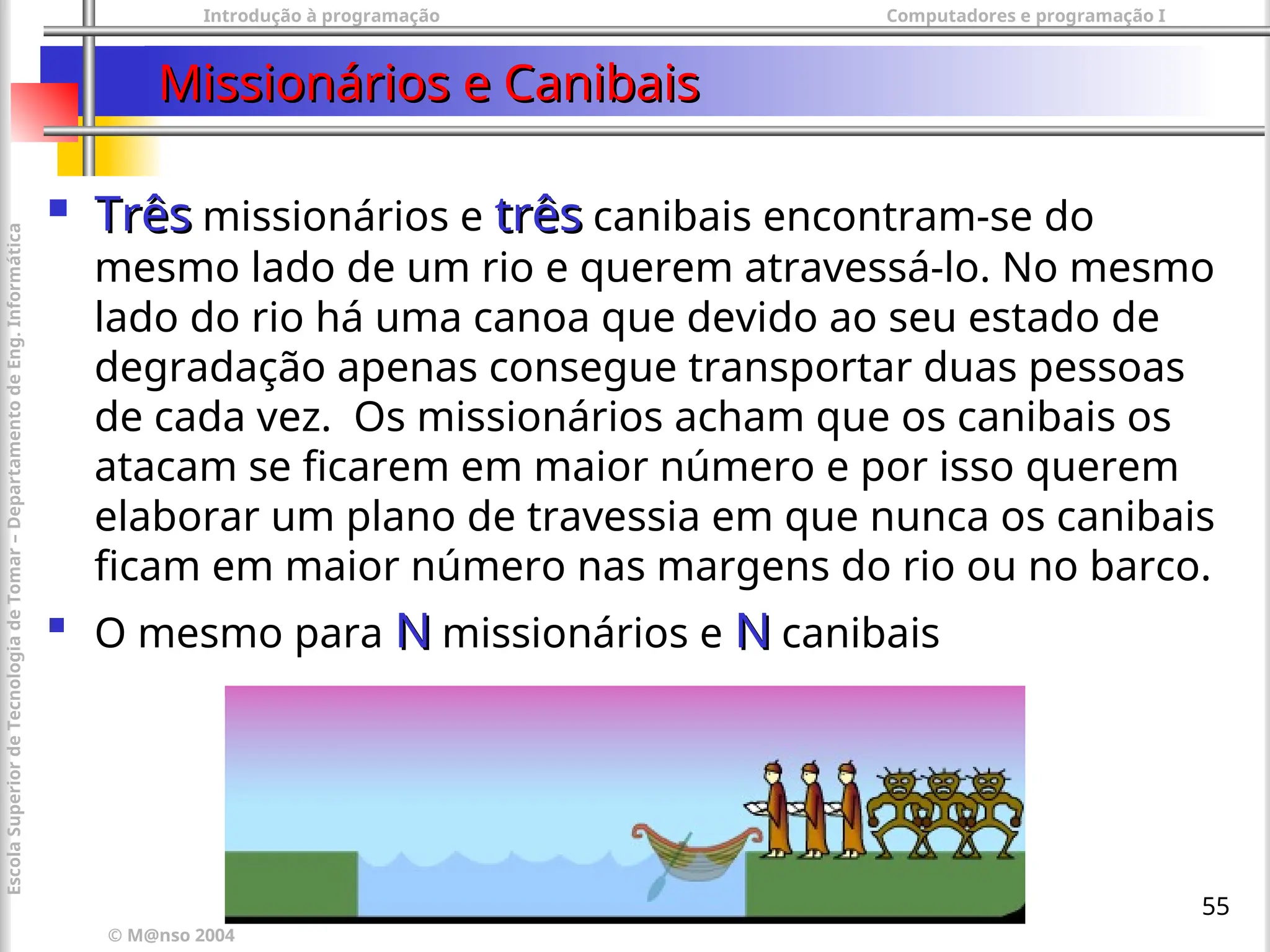 Introdução à programação Computadores e programação I
© M@nso 2004
Escola
Superior
de
Tecnologia
de
Tomar
–
Departamento
de
Eng.
Informática
55
Missionários e Canibais
Missionários e Canibais

Três
Três missionários e três
três canibais encontram-se do
mesmo lado de um rio e querem atravessá-lo. No mesmo
lado do rio há uma canoa que devido ao seu estado de
degradação apenas consegue transportar duas pessoas
de cada vez. Os missionários acham que os canibais os
atacam se ficarem em maior número e por isso querem
elaborar um plano de travessia em que nunca os canibais
ficam em maior número nas margens do rio ou no barco.

O mesmo para N
N missionários e N
N canibais
 