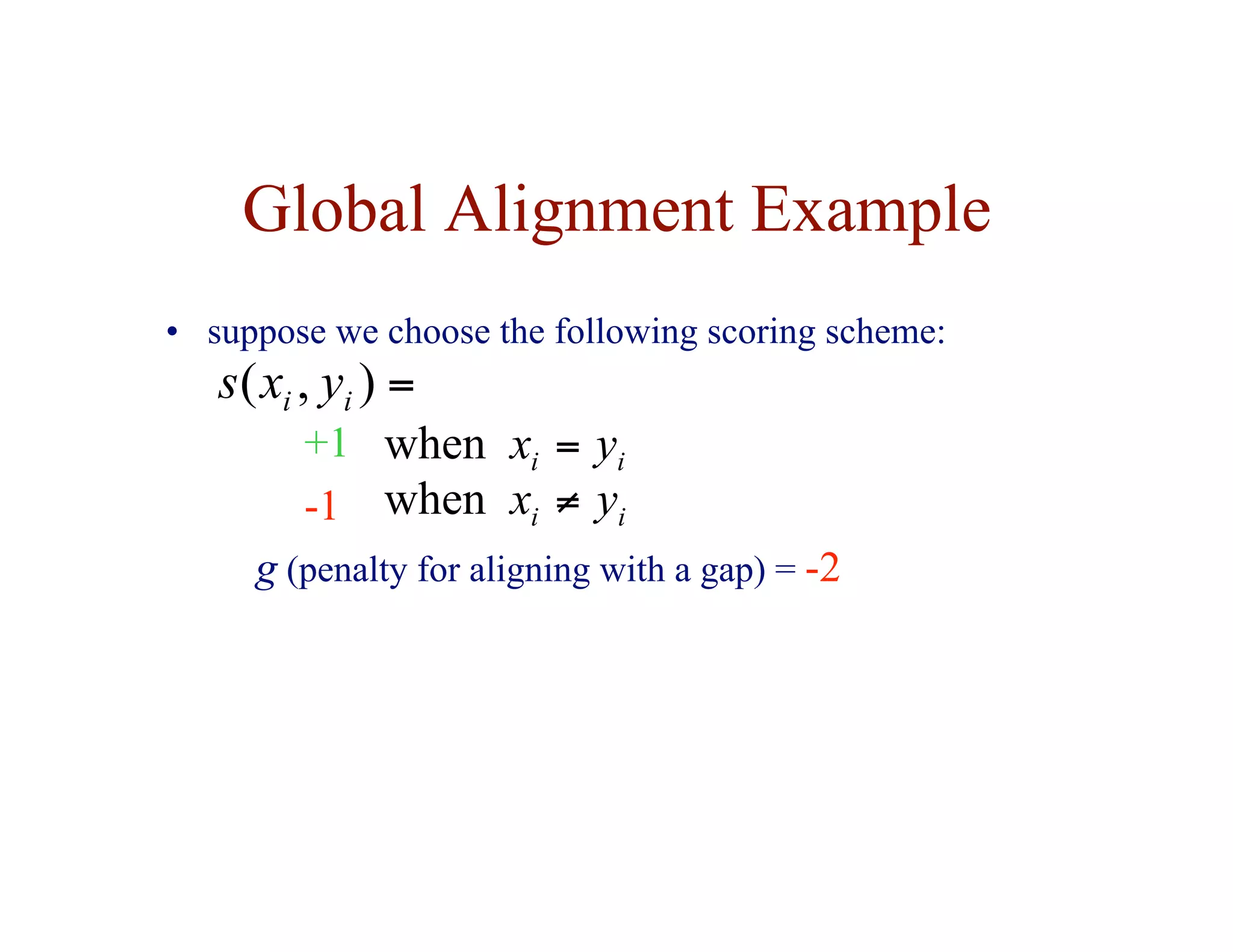 Global Alignment Example
• suppose we choose the following scoring scheme:
+1
-1
g (penalty for aligning with a gap) = -2
=
)
,
( i
i y
x
s
i
i y
x =
when
i
i y
x ≠
when
 