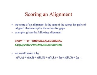 Scoring an Alignment
• the score of an alignment is the sum of the scores for pairs of
aligned characters plus the scores for gaps
• example: given the following alignment
VAHV---D--DMPNALSALSDLHAHKL
AIQLQVTGVVVTDATLKNLGSVHVSKG
• we would score it by
s(V,A) + s(A,I) + s(H,Q) + s(V,L) + 3g + s(D,G) + 2g …
 