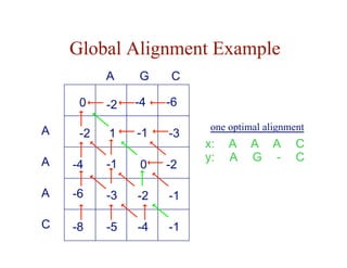 Global Alignment Example
A -2
A -4
C
A G
A -6
C -8
0 -6
-2 -4
1 -1 -3
-1 0 -2
-3 -2 -1
-5 -4 -1
x:
y:
A
-
A
G
A
A
C
C
one optimal alignment
 