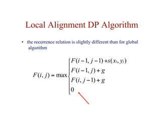 Local Alignment DP Algorithm







+
−
+
−
+
−
−
=
0
)
1
,
(
)
,
1
(
)
,
(
)
1
,
1
(
max
)
,
(
g
j
i
F
g
j
i
F
y
x
s
j
i
F
j
i
F
j
i
• the recurrence relation is slightly different than for global
algorithm
 