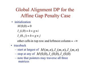 Global Alignment DP for the
Affine Gap Penalty Case
−∞
=
×
+
=
×
+
=
=
column
leftmost
and
row
in top
cells
other
)
,
0
(
)
0
,
(
0
)
0
,
0
(
j
g
h
j
I
i
g
h
i
I
M
y
x
• initialization
• traceback
– start at largest of
– stop at any of
– note that pointers may traverse all three
matrices
)
,
(
),
,
(
),
,
( n
m
I
n
m
I
n
m
M y
x
)
0
,
0
(
),
0
,
0
(
),
0
,
0
( y
x I
I
M
 
