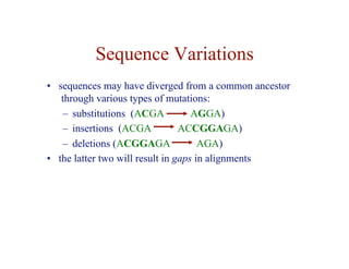 Sequence Variations
• sequences may have diverged from a common ancestor
through various types of mutations:
– substitutions (ACGA AGGA)
– insertions (ACGA ACCGGAGA)
– deletions (ACGGAGA AGA)
• the latter two will result in gaps in alignments
 