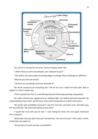 74
Yes, since it is not easy for me to lie, I had to recognize what I felt.
“I didn't think you were very pleasant, was I pleasant to you?.”
“ Me neither, but very quickly my feelings began to change. Now my feelings are different.”
“What do you feel now Vinka?”
“I feel you are everything I have ever dreamed of.”
Her words seemed to be everything that I felt for her, but I would not have been able to
explain it in such a simple way.
“That’s exactly how I feel. It is something profound which keeps growing and growing.”
Her violet colored eyes, appeared to be radiating light. She looked extremely beautiful. By
simply looking at each other, we fell into a trance that transported us to other dimensions:
“Be careful with prohibited romances!” said Ami from the command room. We didn't pay
him any attention. We continued looking at each other.
“I would like to be with you for ever.” I said, taking her hand. Ami once again intervened
from a distance.
“Remember that you both have your real partners. You must be loyal.” That made us think.
A little later she asked me:
“Do you feel as if what we have is prohibited?”
 