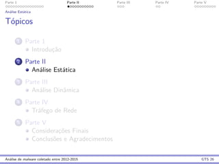Parte 1 Parte II Parte III Parte IV Parte V
An´alise Est´atica
T´opicos
1 Parte 1
Introduc¸˜ao
2 Parte II
An´alise Est´atica
3 Parte III
An´alise Dinˆamica
4 Parte IV
Tr´afego de Rede
5 Parte V
Considerac¸˜oes Finais
Conclus˜oes e Agradecimentos
An´alise de malware coletado entre 2012-2015 GTS 26
 