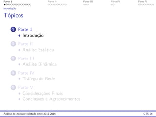 Parte 1 Parte II Parte III Parte IV Parte V
Introduc¸˜ao
T´opicos
1 Parte 1
Introduc¸˜ao
2 Parte II
An´alise Est´atica
3 Parte III
An´alise Dinˆamica
4 Parte IV
Tr´afego de Rede
5 Parte V
Considerac¸˜oes Finais
Conclus˜oes e Agradecimentos
An´alise de malware coletado entre 2012-2015 GTS 26
 