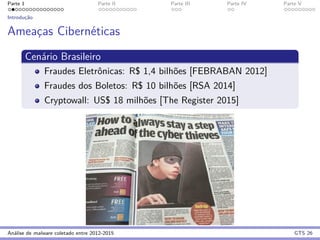 Parte 1 Parte II Parte III Parte IV Parte V
Introduc¸˜ao
Ameac¸as Cibern´eticas
Cen´ario Brasileiro
Fraudes Eletrˆonicas: R$ 1,4 bilh˜oes [FEBRABAN 2012]
Fraudes dos Boletos: R$ 10 bilh˜oes [RSA 2014]
Cryptowall: US$ 18 milh˜oes [The Register 2015]
An´alise de malware coletado entre 2012-2015 GTS 26
 