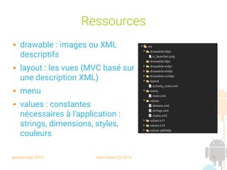session sept 2016 Yann Caron (c) 2014 12
Ressources
 drawable : images ou XML
descriptifs
 layout : les vues (MVC basé sur
une description XML)
 menu
 values : constantes
nécessaires à l'application :
strings, dimensions, styles,
couleurs
 